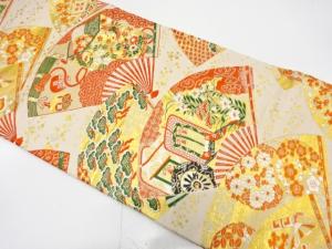 アンティーク　扇に御所車・貝桶・花・宝尽くし模様織り出し丸帯（材料）